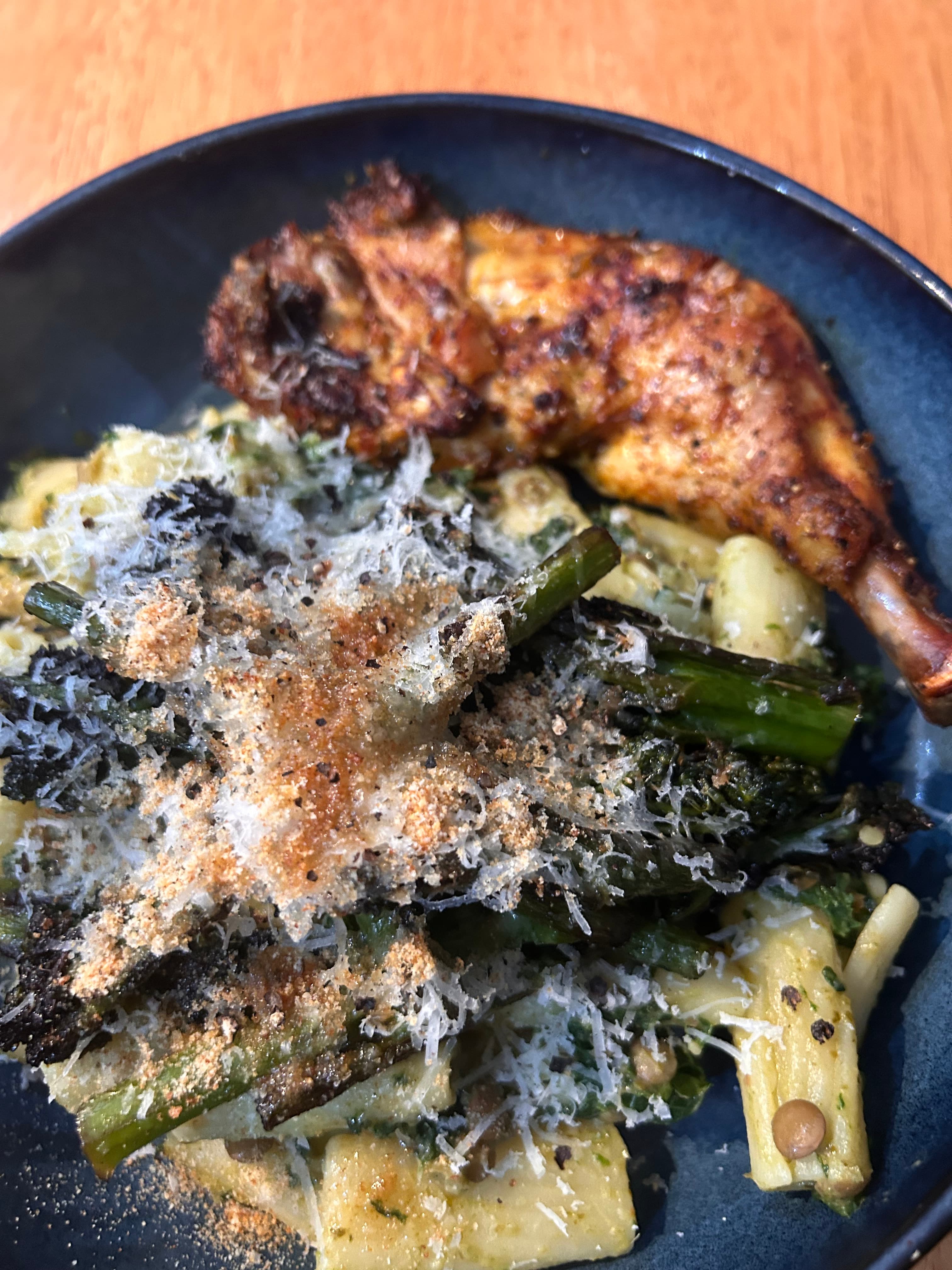 Kale and lentil pasta with tender-stem broccoli and lemon pepper chicken leg photo 1