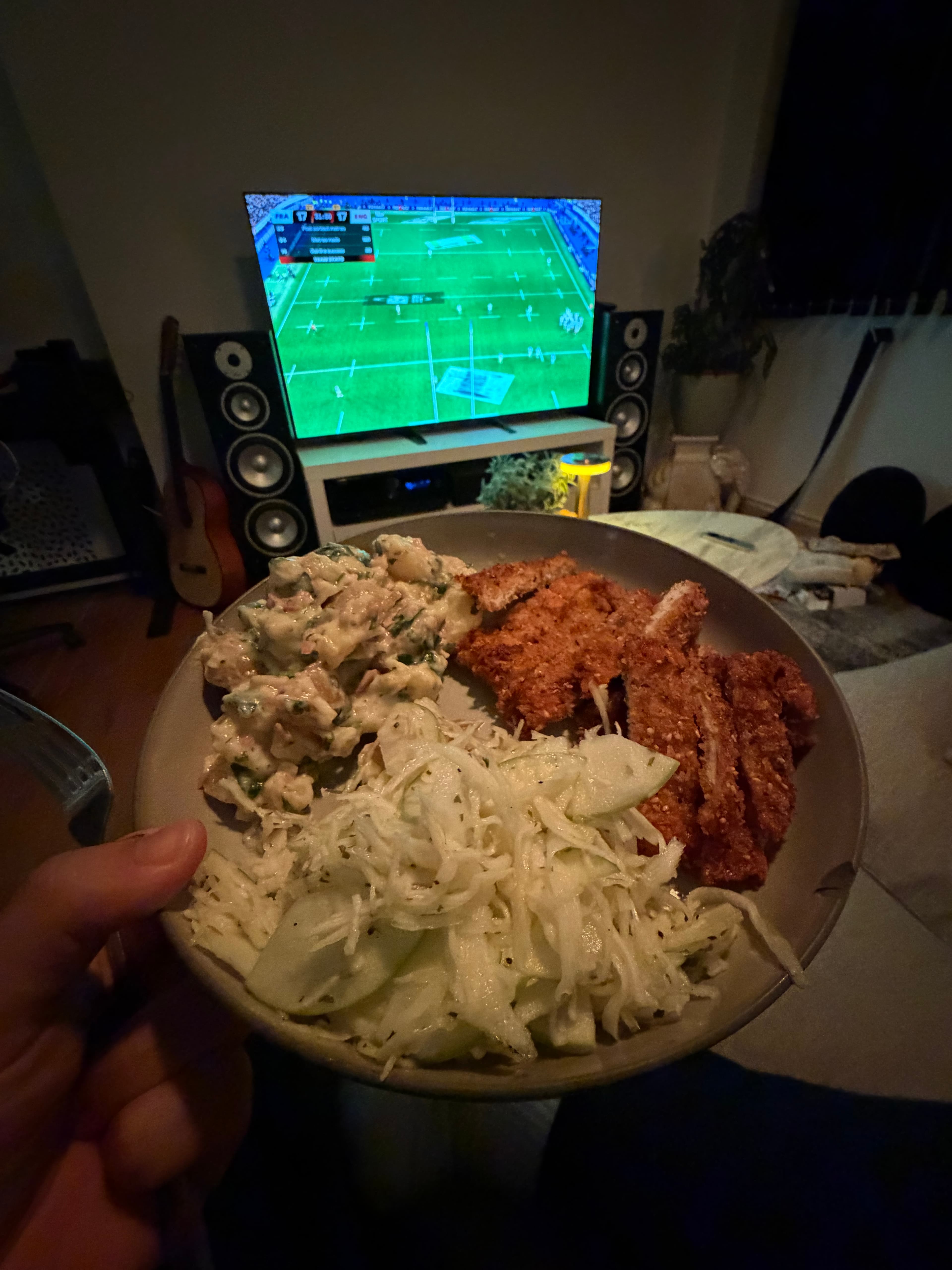 Pork cutlets, new potato’s in whole grain mustard, shallots and lemon juice and, apple & cabbage salad on the side photo 1