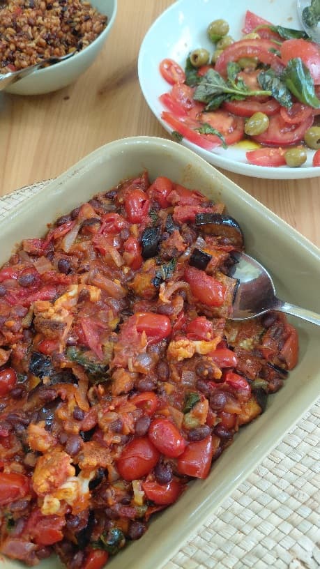 Tomato, aubergine and black bean caponata